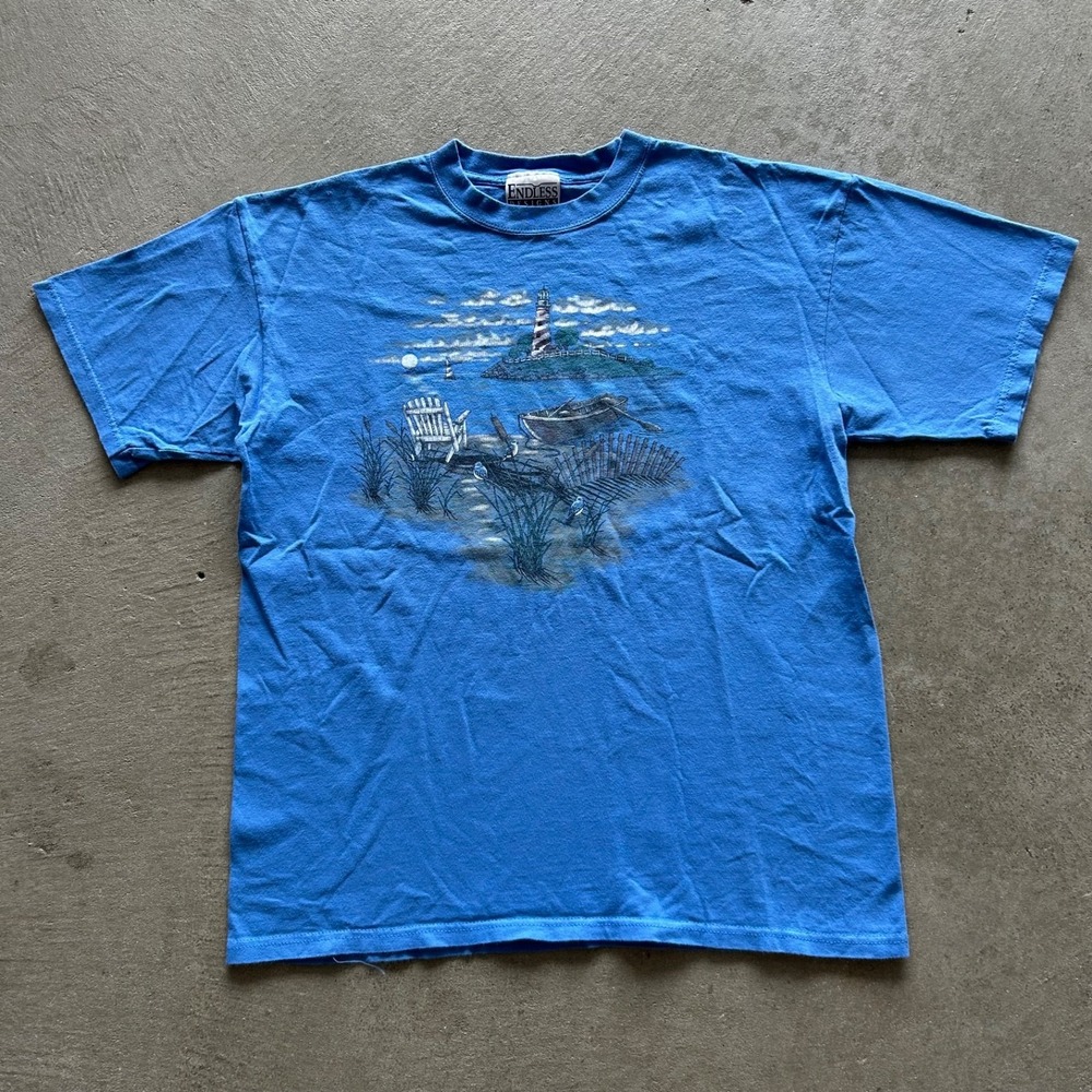 Vintage 90s Lighthouse Shirt Size Large Blue Nature Outdoor Lake Endless Design